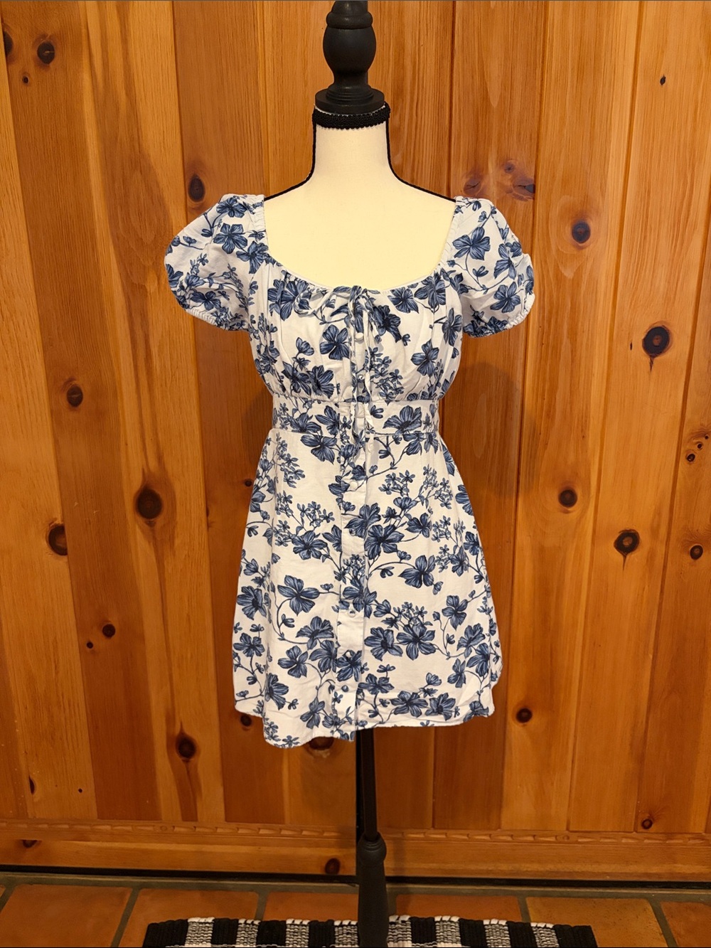 Blue White Floral Dress | Puff Sleeve Summer Dress | M